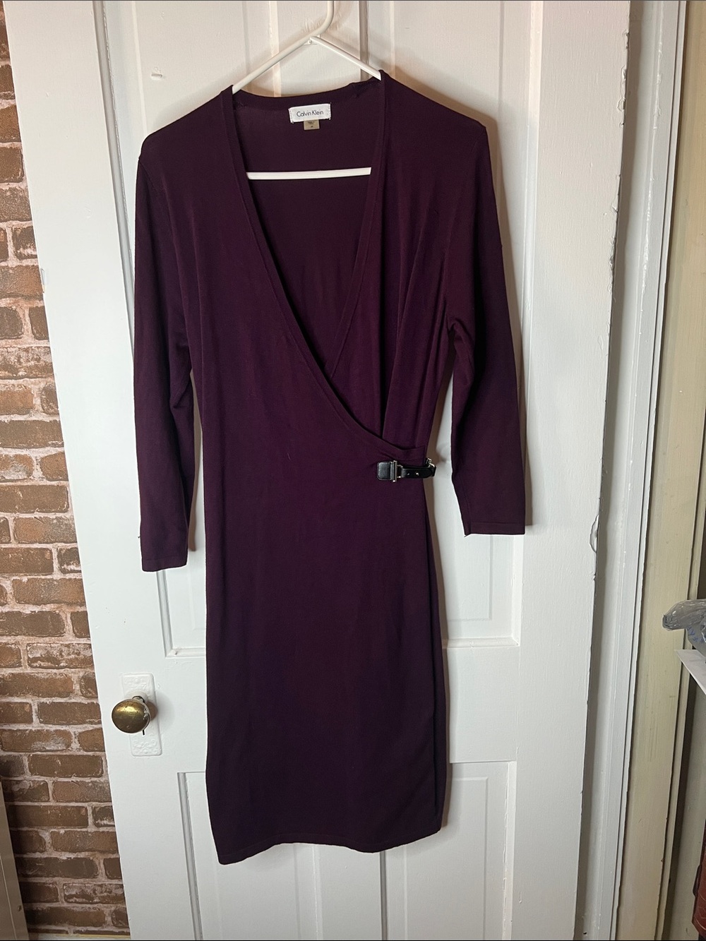 Calvin Klein Deep Plum Wrap-Front Long Sleeve Dress
